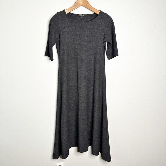Eileen Fisher 100% Wool Maxi Dress Elbow Sleeve Scoop Neck Charcoal Gray Small P - Picture 1 of 12